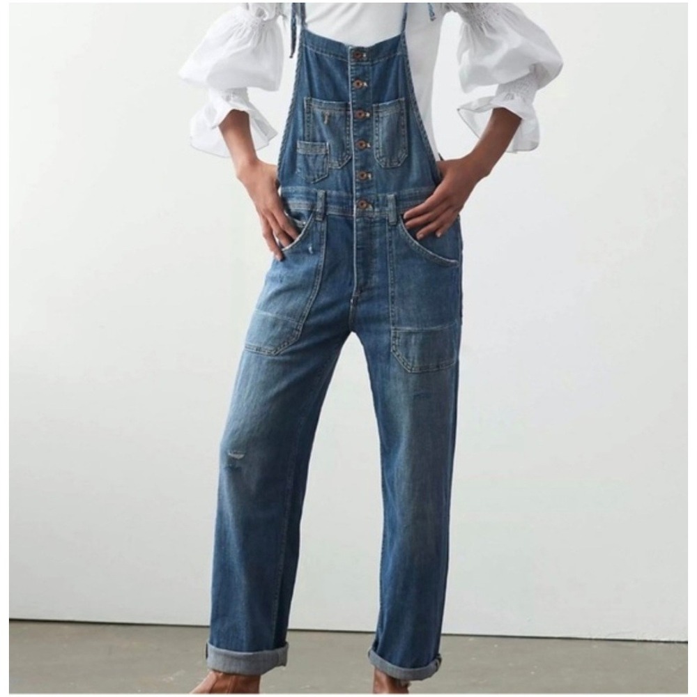 Pilcro Anthropologie Denim Overalls Medium Wash Straight Leg Button Front 27